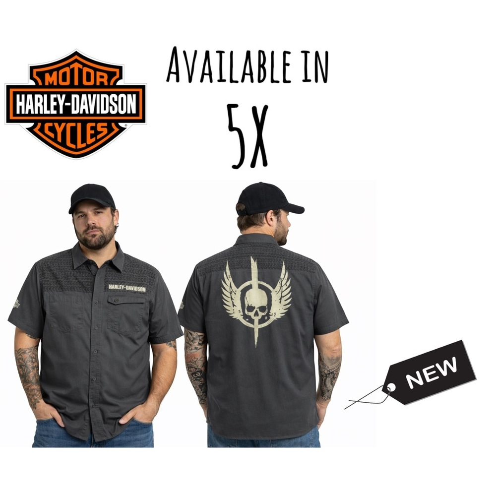 NWT Harley Davidson Men’s Tire Tread Yoke Skull Wing Shirt(5X available)